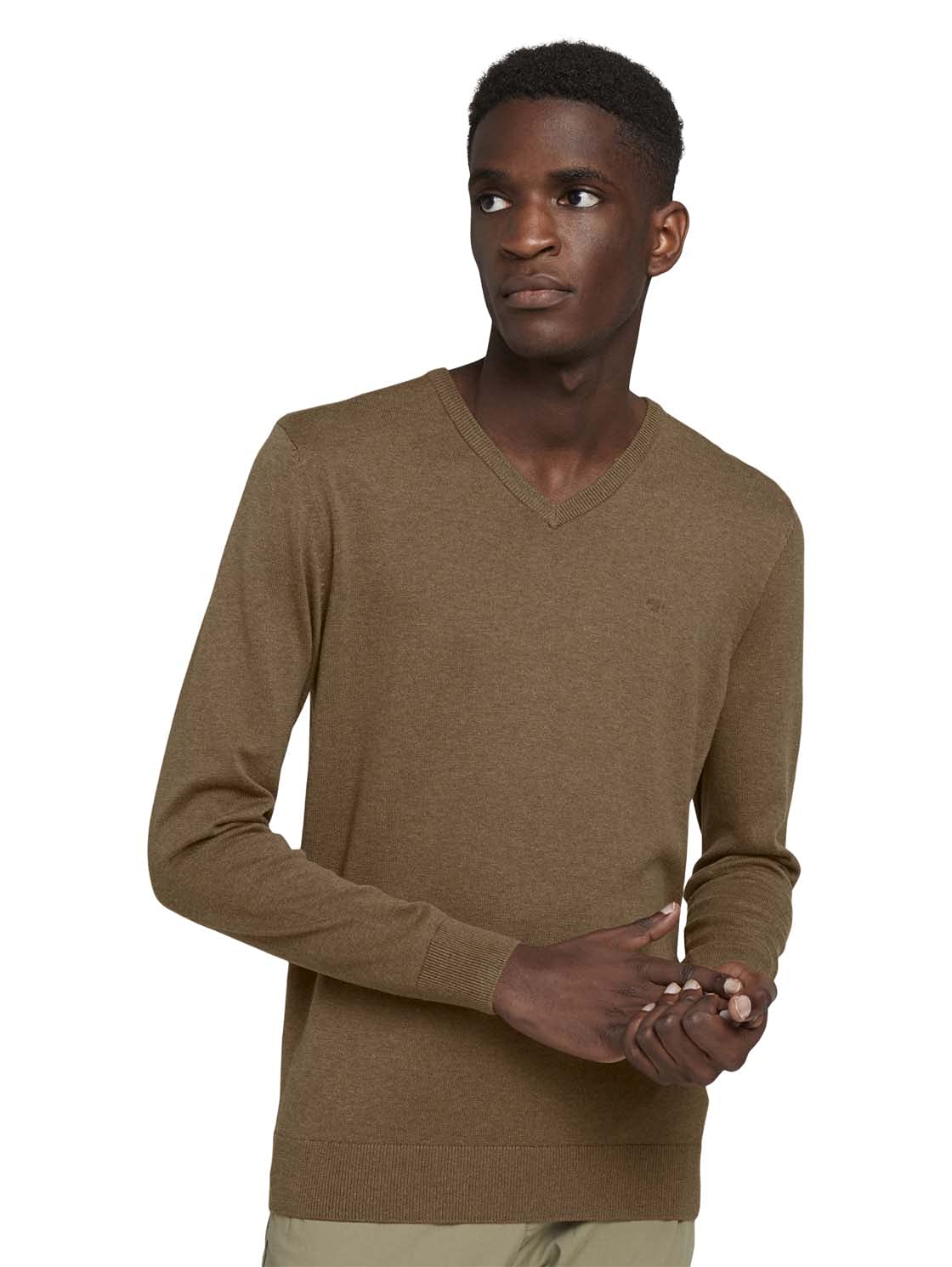 TOM TAILOR Herren 1027665 Basic Strickpullover mit V-Ausschnitt, 15440 - Soft Hazelnut Brown Melange, S