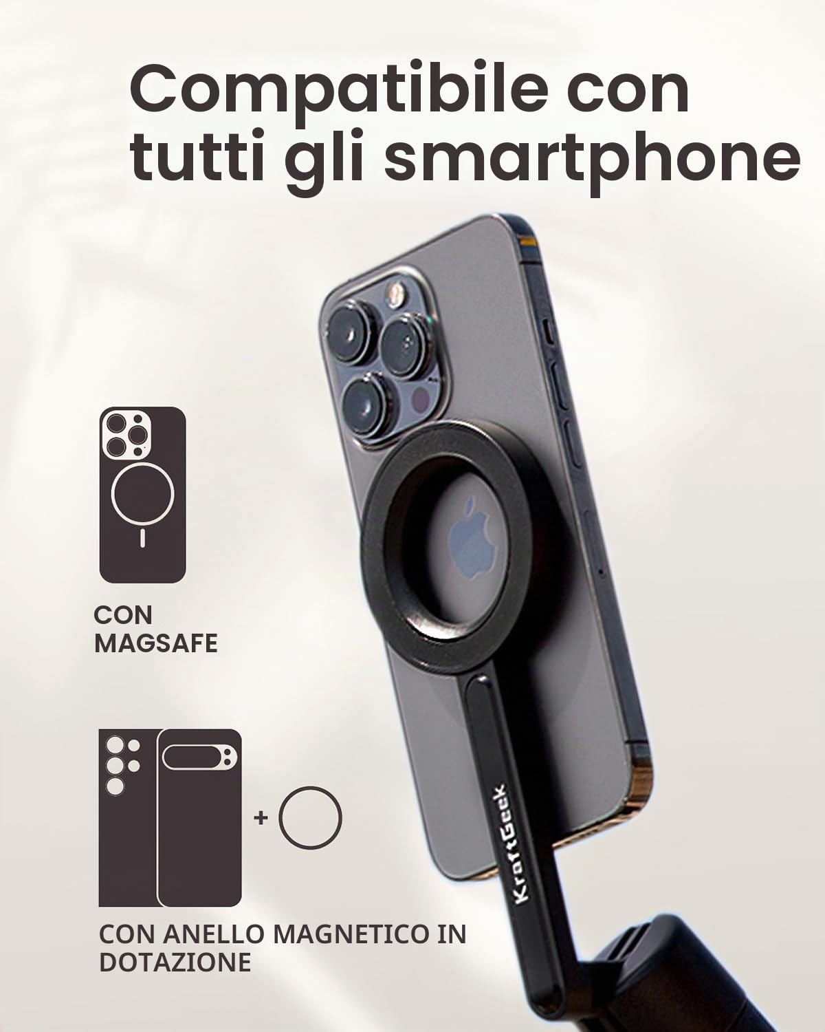 KraftGeek Treppiede magnetico per iPhone MagSafe, bastone per selfie da 64 pollici, supporto Tirpod per registrazione video, vlogging e creazione di contenuti