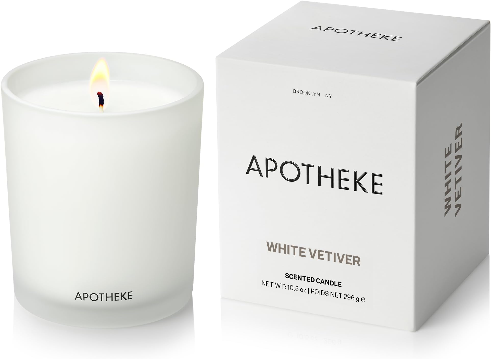 Apotheke Signature Scented Candles for Home, White Vetiver - 10.5 oz - Soy Wax, Non Toxic, Large Jar White - Luxury Candle Gifts for Women & Men - Sandalwood, Eucalyptus, and Vetiver