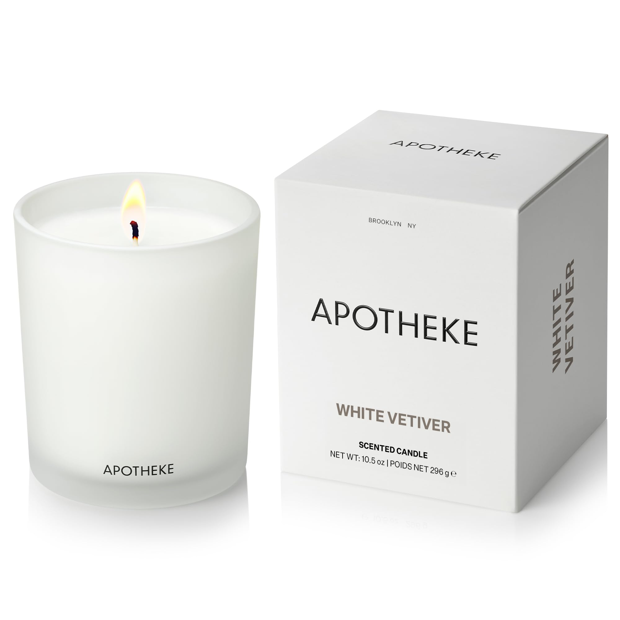 Apotheke Signature Scented Candles for Home, White Vetiver - 10.5 oz - Soy Wax, Non Toxic, Large Jar White - Luxury Candle Gifts for Women & Men - Sandalwood, Eucalyptus, and Vetiver