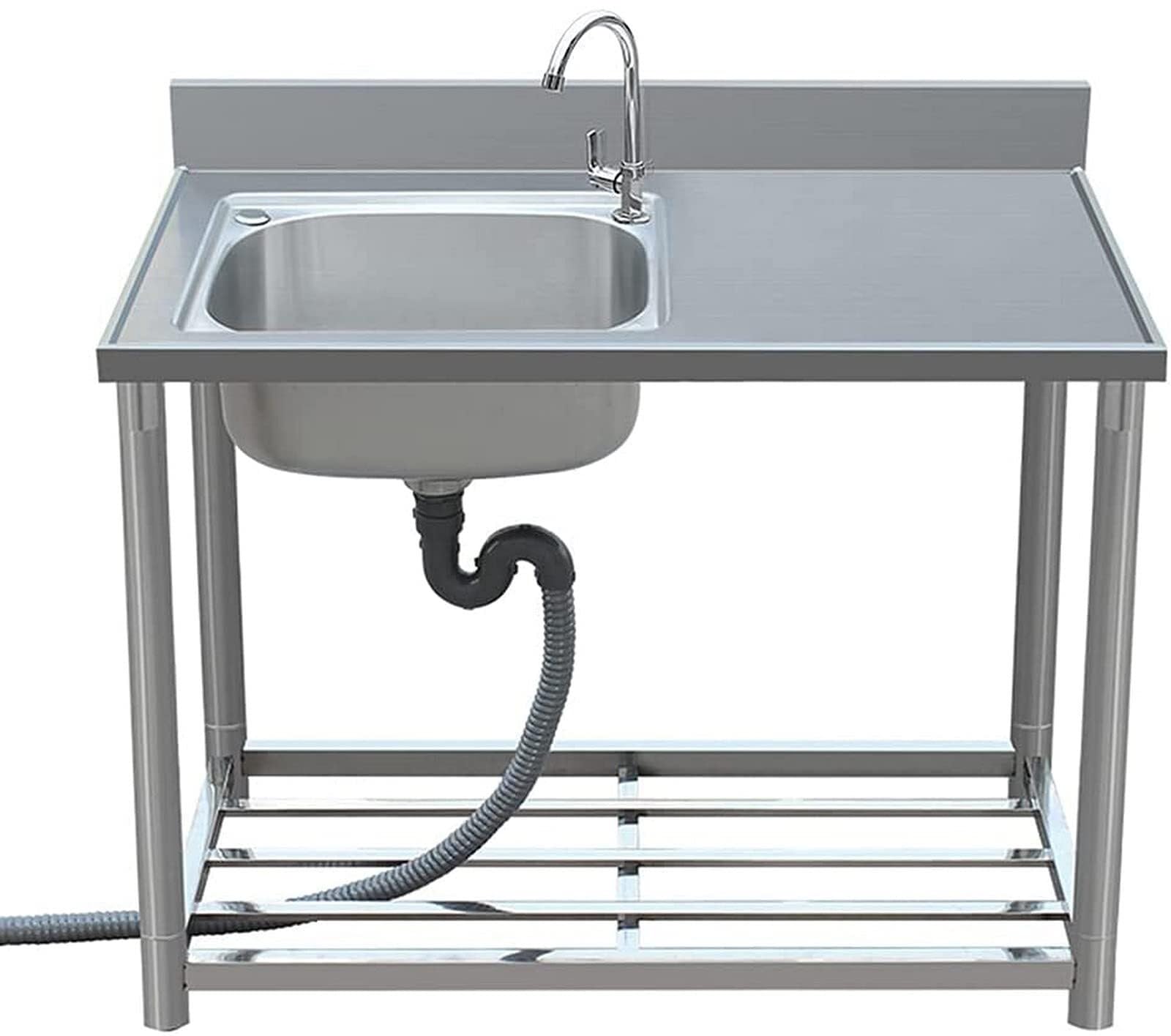 WBJGUOD Commercial Stainless Steel Single Bowl Sink with Movable Stand - Ideal for Kitchen, Bar, and Outdoor Use(Hot Cold Faucet,100cm)