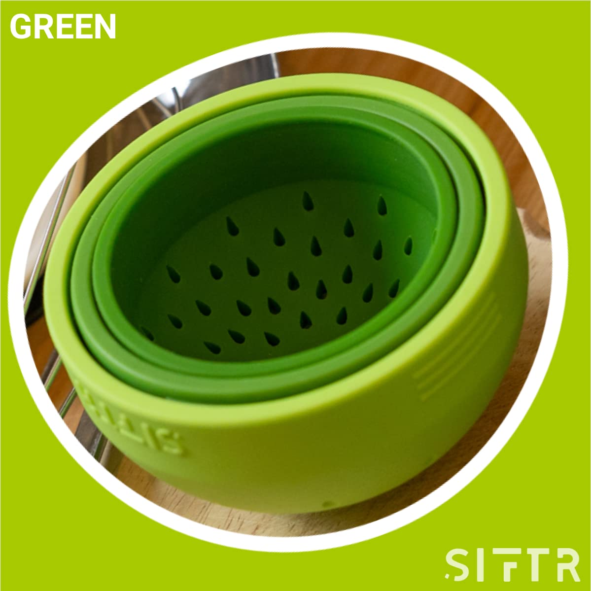 Colador de latas de anidación (verde) - Coladores pequeños y coladores que ahorran espacio - Accesorio de cocina multiusos - Colador de latas de silicona