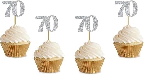 Decoración para cupcakes de fiesta de cumpleaños número 70 con purpurina plateada. Paquete de 24 adornos para cupcakes de 70 pulgadas