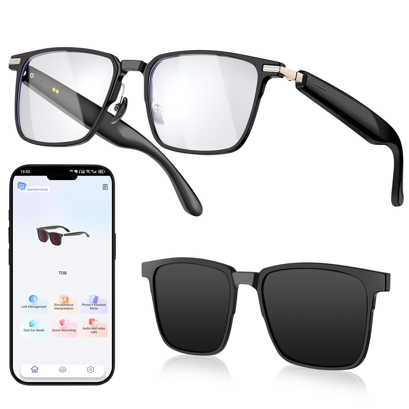Lunettes Intelligentes, Lunettes de Soleil Bluetooth IA pour Hommes et Femmes avec Traduction en Temps