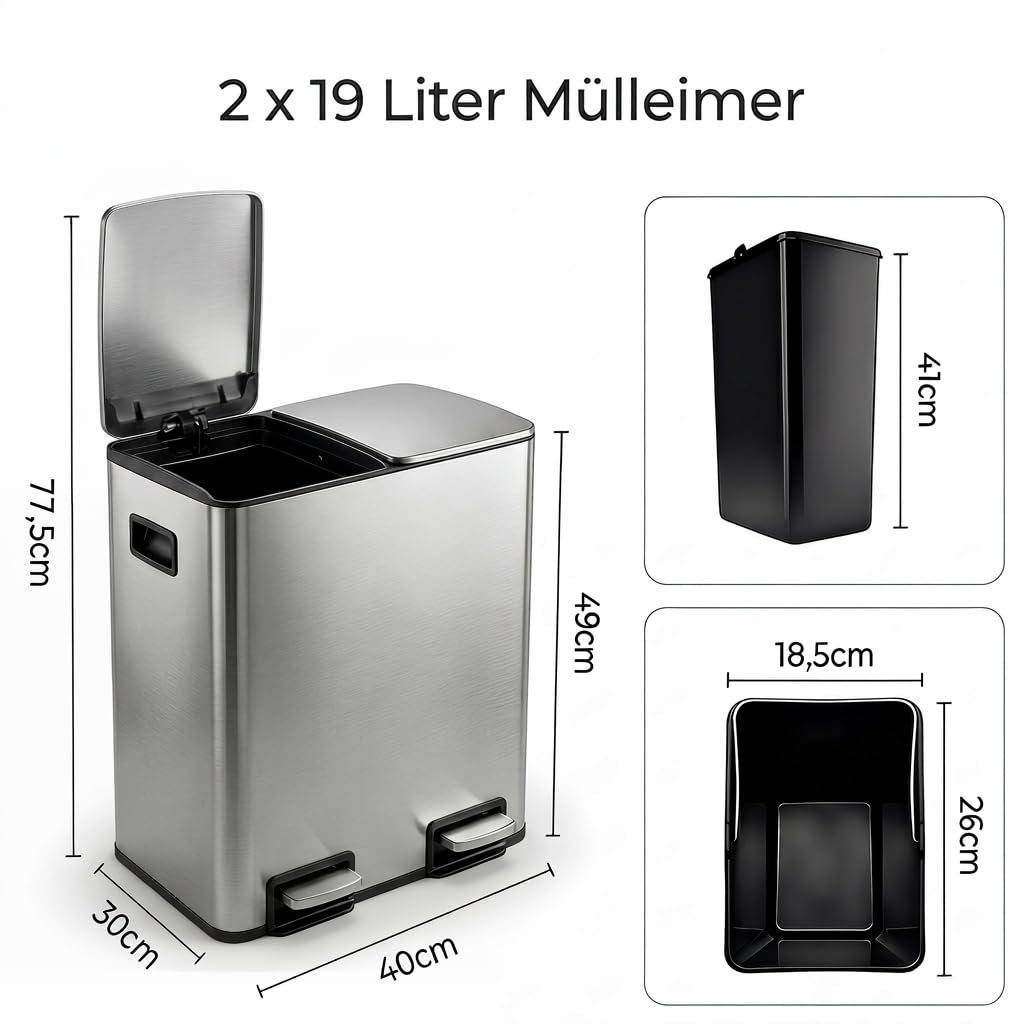 Mülleimer Küche 2 x 19 L(38L), Edelstahl Treteimer mit Deckel, Mülltrennsystem 2 Fächer, Abfalleimer mit Softclose, Fingerabdruckresistent, Pedaleimer mit Inneneimer für Küche Haushalt