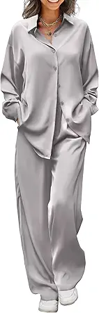 Ekouaer Womens Satin Silky Pajama Set 2 Piece Print PJs Soft Loungewear Button Down Sleepwear with Elastic Waist Long Pants