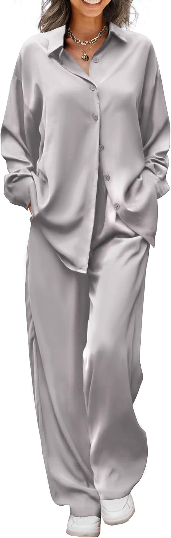 Ekouaer Womens Satin Silky Pajama Set 2 Piece Print PJs Soft Loungewear Button Down Sleepwear with Elastic Waist Long Pants
