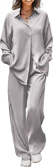Ekouaer Womens Satin Silky Pajama Set 2 Piece Print PJs Soft Loungewear Button Down Sleepwear with Elastic Waist Long Pants