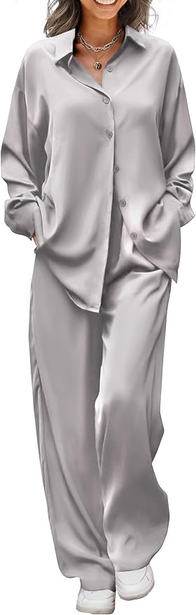 Ekouaer Womens Satin Silky Pajama Set 2 Piece Print PJs Soft Loungewear Button Down Sleepwear with Elastic Waist Long Pants