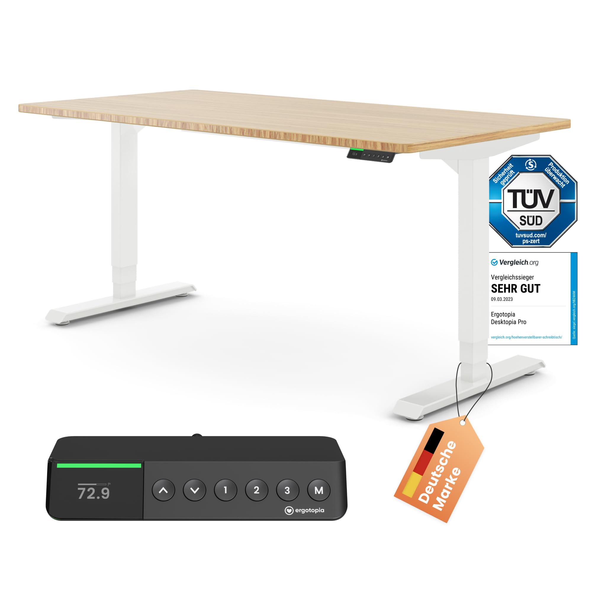 Ergotopia Desktopia Pro X Escritorio Elevable Electrico, Escritorio Regulable en Altura, Mesa Electrica Elevable Ergonómica 9 Espacios de Almacenamiento (Tablero Bambú, Marco Blanco, 160 x 80 cm)