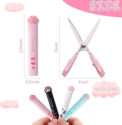 Miniatura 2 de Tijeras pequeñas de 4 piezas, diseño de pata de gato de dibujos animados, tijeras de manualidades de acero inoxidable, tijeras plegables de