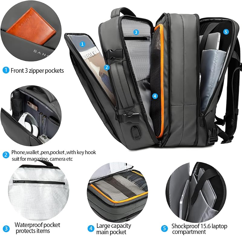 BANGE Utazó Hátizsák, Kézipoggyász Méretű Táska, Átalakítható Sporttáska 17,3 Colos Laptophoz, Unisex Túrahátizsák