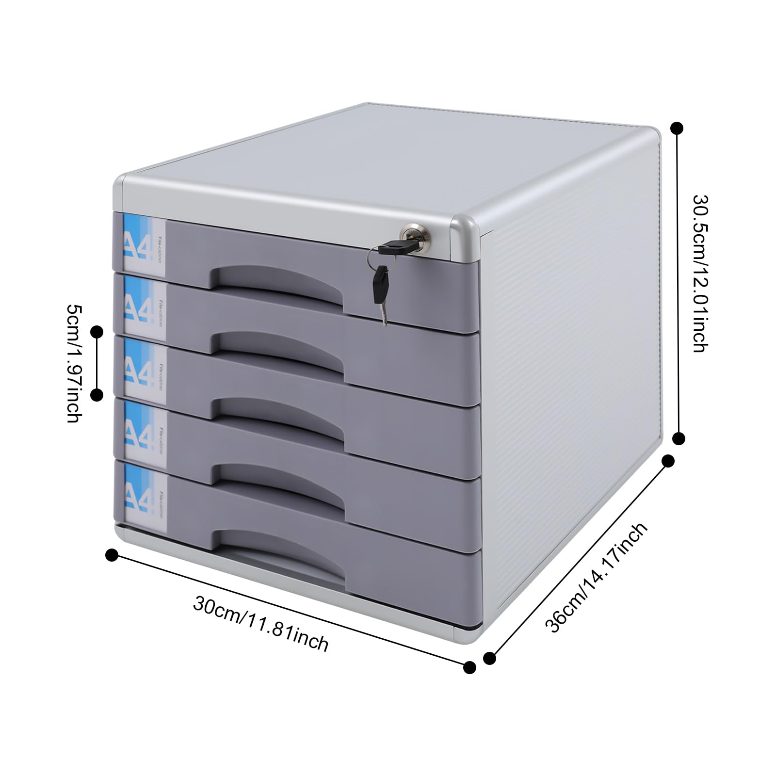 Modulo di archiviazione, organizer da scrivania a 5 livelli bloccabili, scatola con 5 cassetti per documenti A4+, cornice in alluminio, etichette scrivibili, 30 × 36 × 30,5 cm