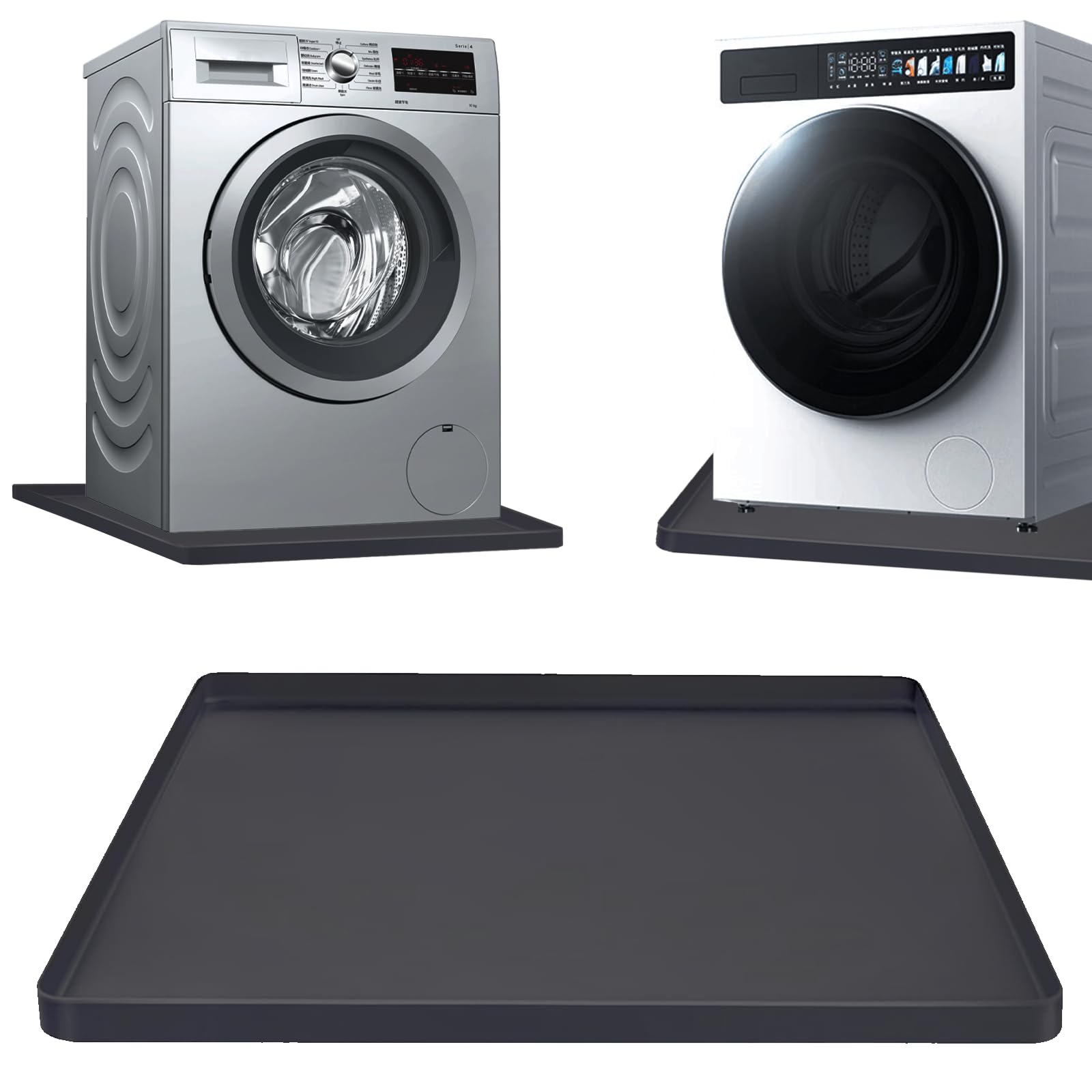 Washer Drain Pan 27×27inch Silicone Mat, Multi-function Non Slip Washer Drip Tray, With Raised Edge Washing Machine Silicone Mat, Soft Foldable Portable Waterproof Pad（Black）