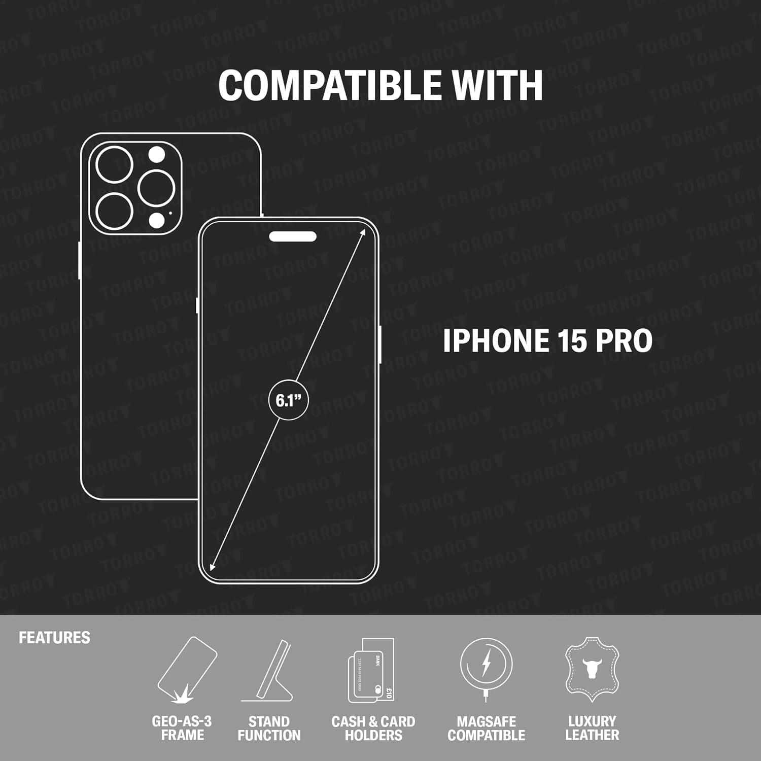 TORRO Premium Leather Case Compatible with iPhone 15 Pro 6.1" – Genuine Leather Wallet Flip Folio Case with Kickstand and Card Slots (Compatible with Official MagSafe Chargers) (Black)