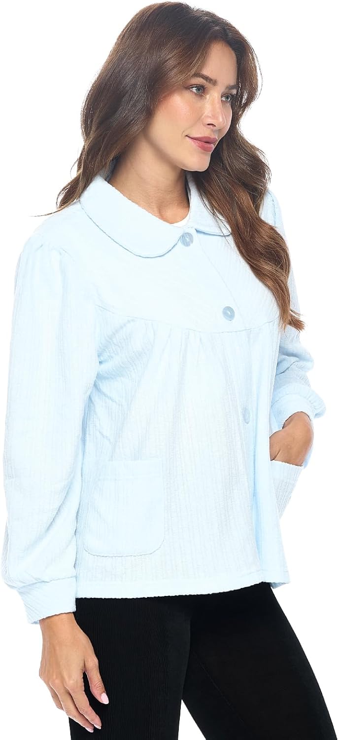 Casual Nights Women's Chenille Bed Jacket, Button Front Long Sleeve Sleep Top with Pockets - Image 2