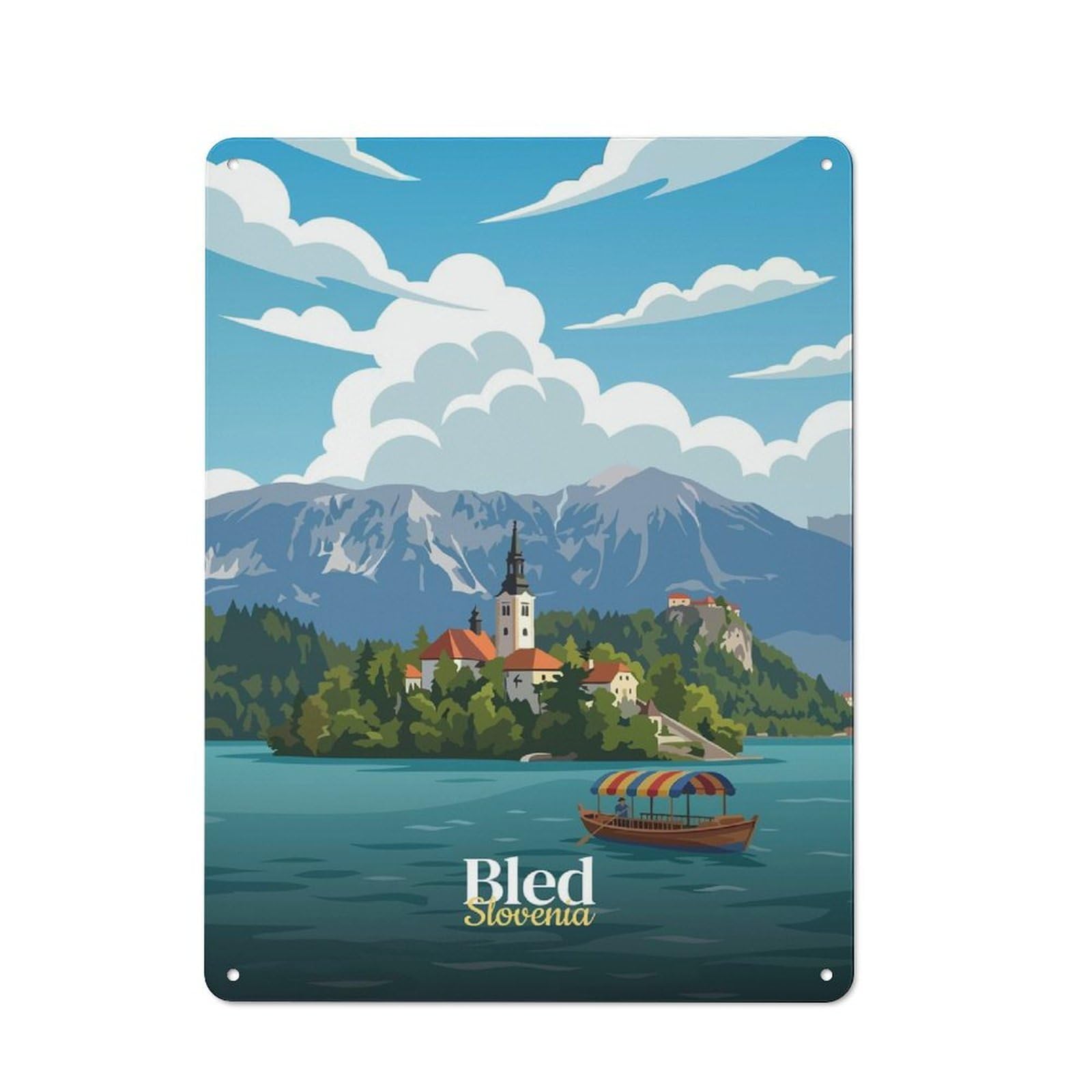 Junmoney Style-16 Vintage Lake Bled Slovenia Travel (2) Metal Plaque 40X30cm, Diner Style Decor For Bakery, Diner, Cafe Or Family Room