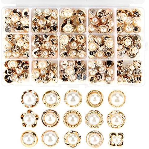150 Piece Assorted Pearl Buttons with Shank Cover Up, 15 Types Resin White Pearl Shank Button for Crafts, Clothes, Wedding Dress, Storage Box Included Cover