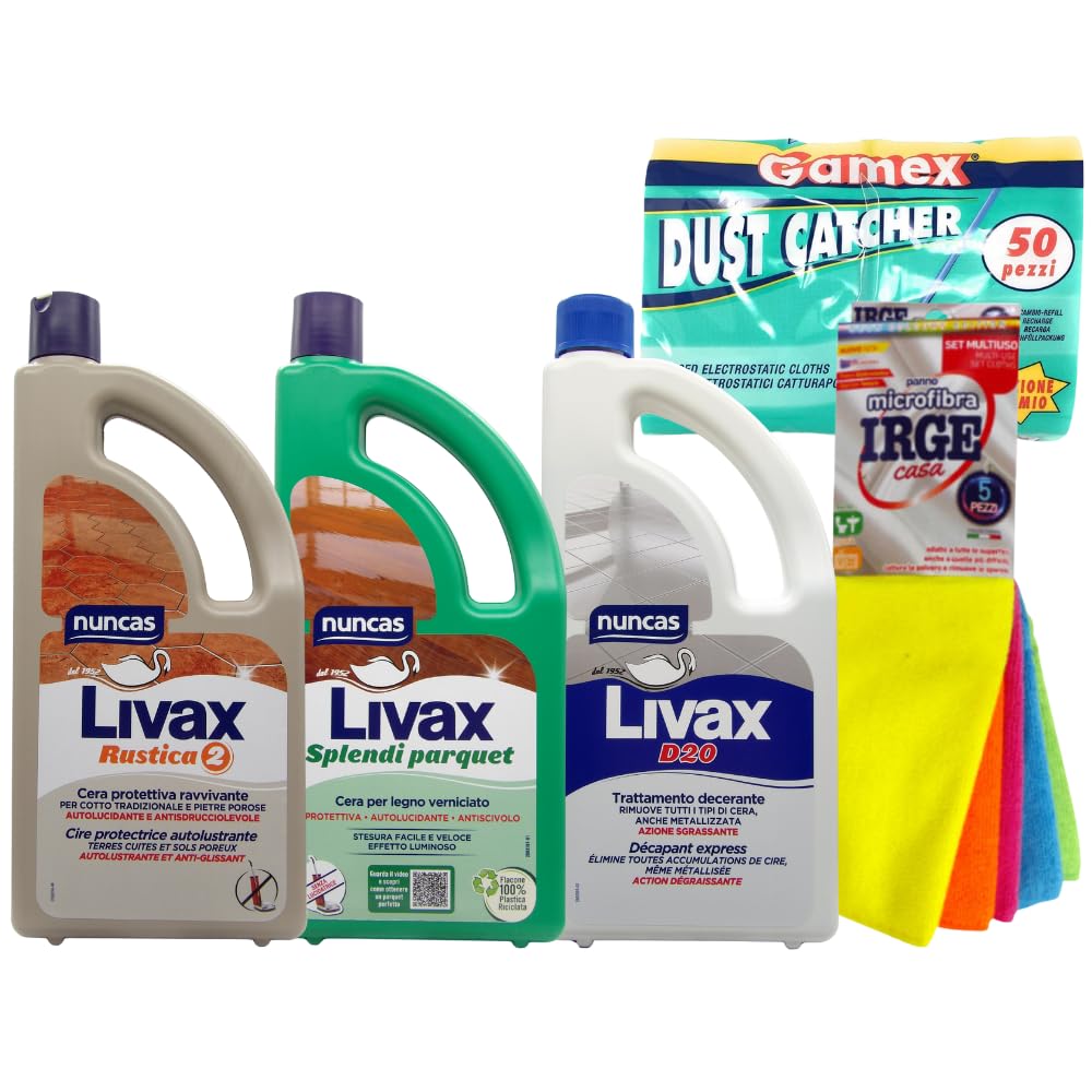 NUNCAS LIVAX RUSTICA 2 + LIVAX PARQUET + LIVAD D20 + GAMEX 50 panni pavimento elettrostatici cattura polvere 22x29cm + pacco 5 panni in microfibra 30x40cm
