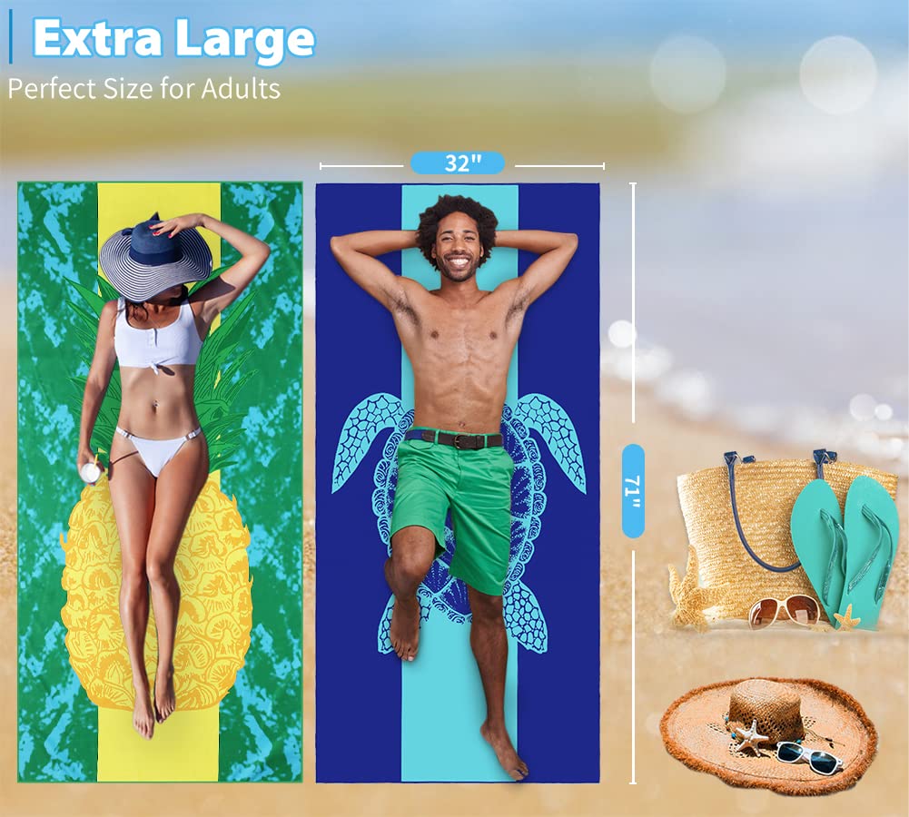 Paquete de 2 toallas de playa ligeras de microfibra de 71 x 32 pulgadas, extra grandes, delgadas, sin arena, para viajes, natación, piscina, yoga, gimnasio, camping, para adultos, mujeres, hombres,