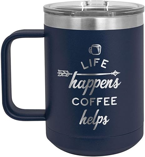 ONLYGIFTS.COM - Taza de café con tapa deslizante (13.0 fl oz), diseño con texto en inglés "Life Happens", Marino