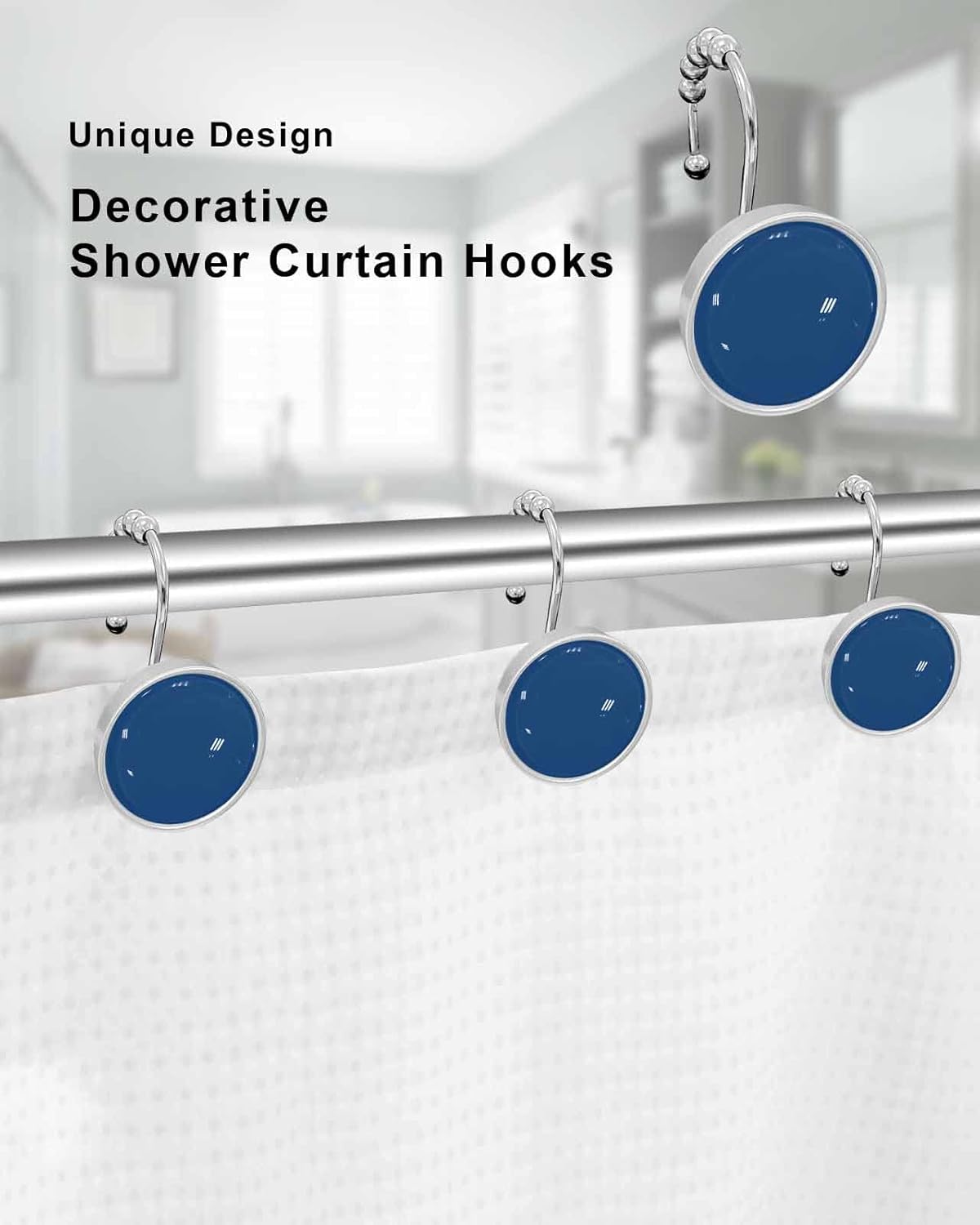 Shower Curtain Hooks Set of 12 Solid Color Navy Blue Crystal Glass Shower Curtain Rings for Bathroom Decorative Stainless Steel Rust Proof Roller Shower Curtain Hangers