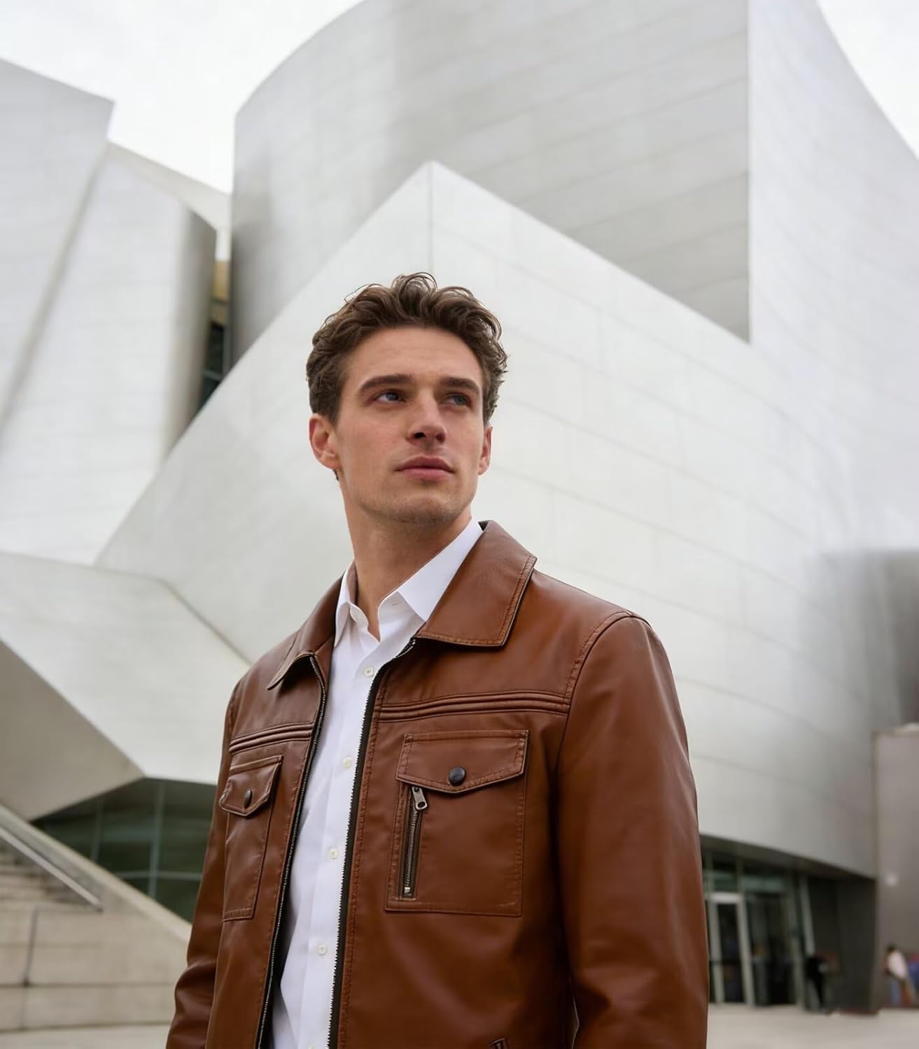 INVACHI Men's Faux Leather Jacket,Faux Leather Motorcycle Jacket, Lapel Multi-Pocket Casual Coat
