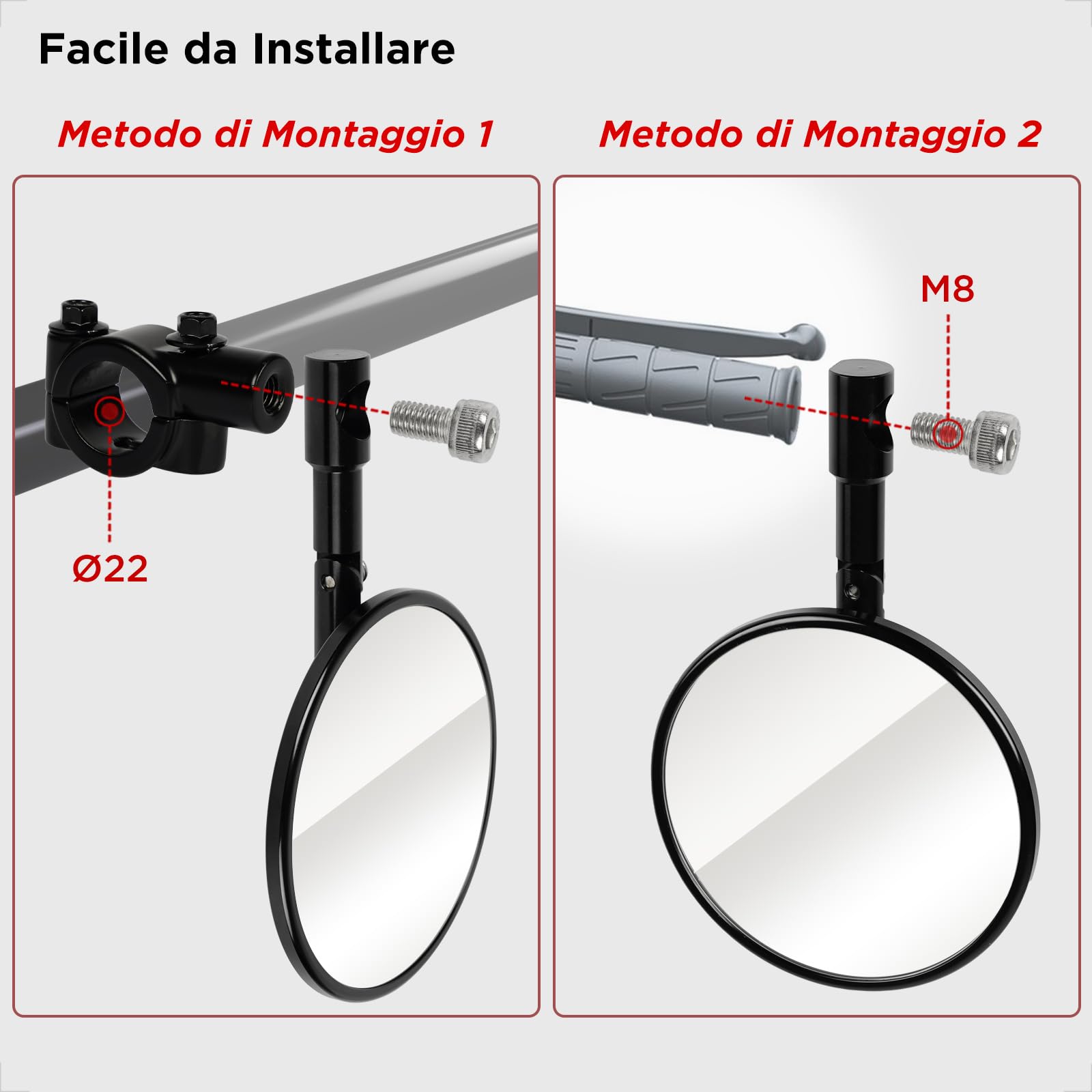 Evermotor Specchietto Moto, Omologazione E24, 360° Regolabile Specchietti Moto Manubrio, Alluminio, Rotondo per Scooter, ATV, Ciclomotori, 2 pz