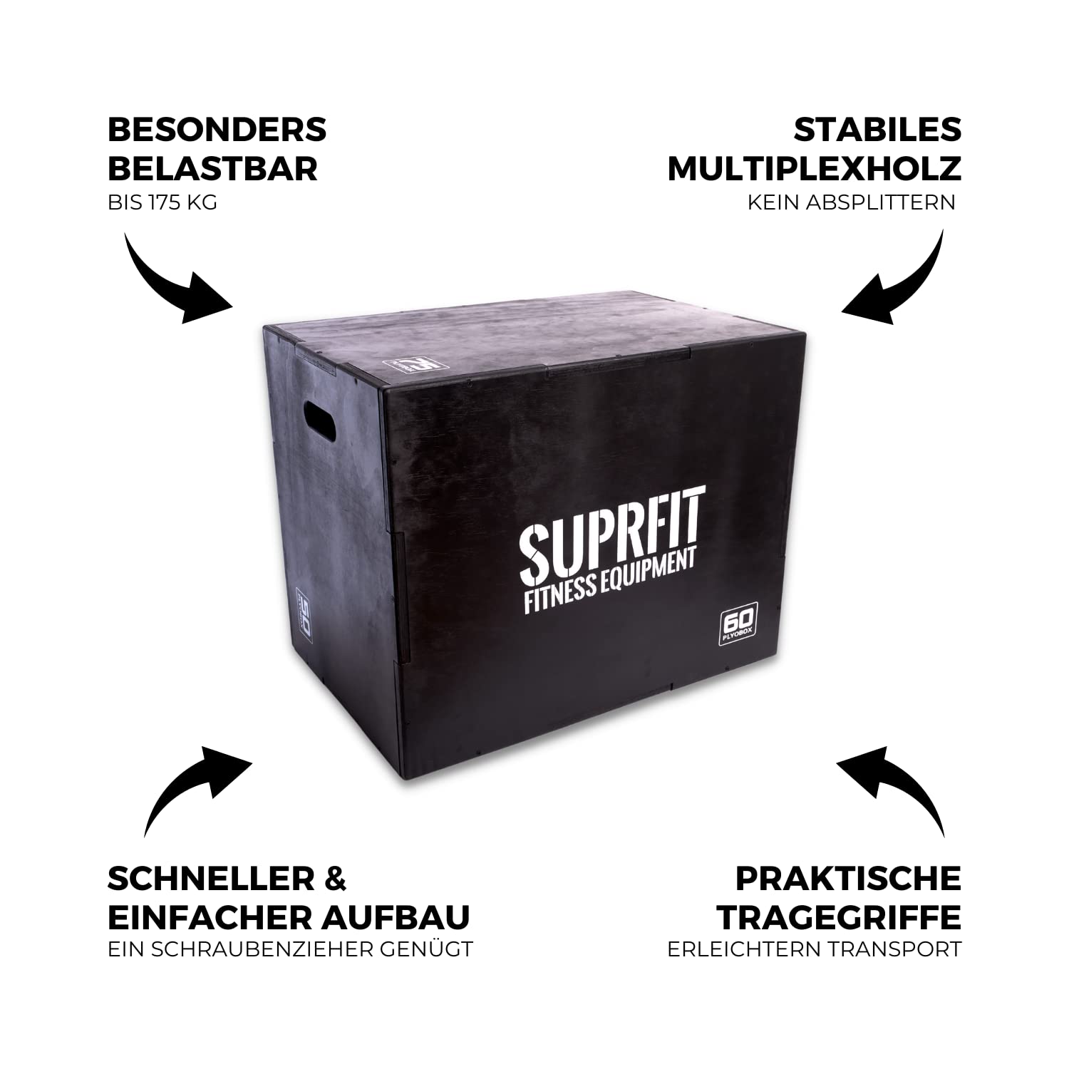 SUPRFIT – Plyo Box Holz – Sprungbox für plyometrisches Training, Sprungkrafttraining & Crossfit – Jump Box mit 3 Sprunghöhen 50 x 60 x 70cm – bereits vormontiert (Schwarz, Weiß & Braun)