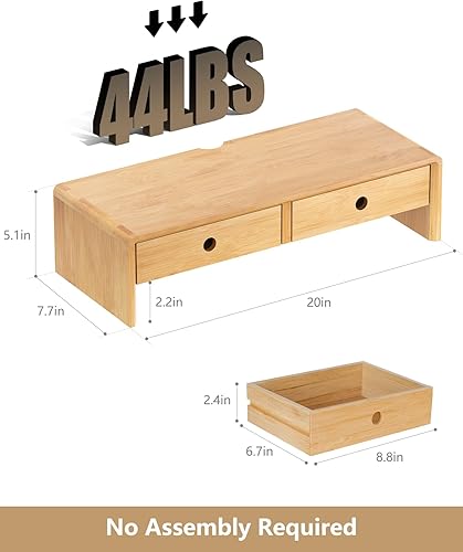 Miniatura 6 de Ufine Soporte elevador de bambú para monitor con 2 cajones, 19.7 x 7.8 x 5.1 pulgadas, color natural