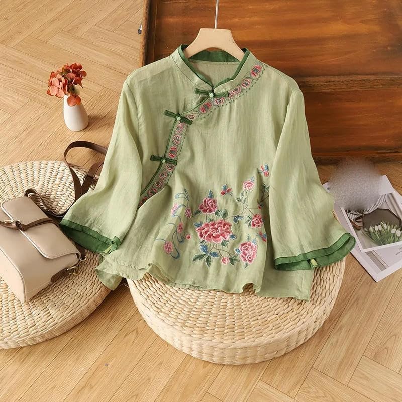 Women's Spring Summer Ethnic Style Cotton Linen Embroidered Asymmetrical Blouse Frog Button Retro 3/4 Sleeve Top