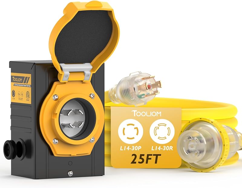 25FT 30A Generator Cord & Power Inlet Box, NEMA L14-30P/R | 10AWG SJTW weatherproof wire, delivers 125/250V up to 7500W max capacity, secure twist-lock, UL/ETL certified safety