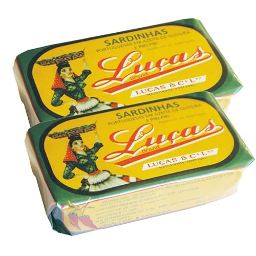 Luças Sardinas portuguesas en aceite de oliva y piri-piri - Producto de Portugal - Paquete de dos latas de 4.23oz