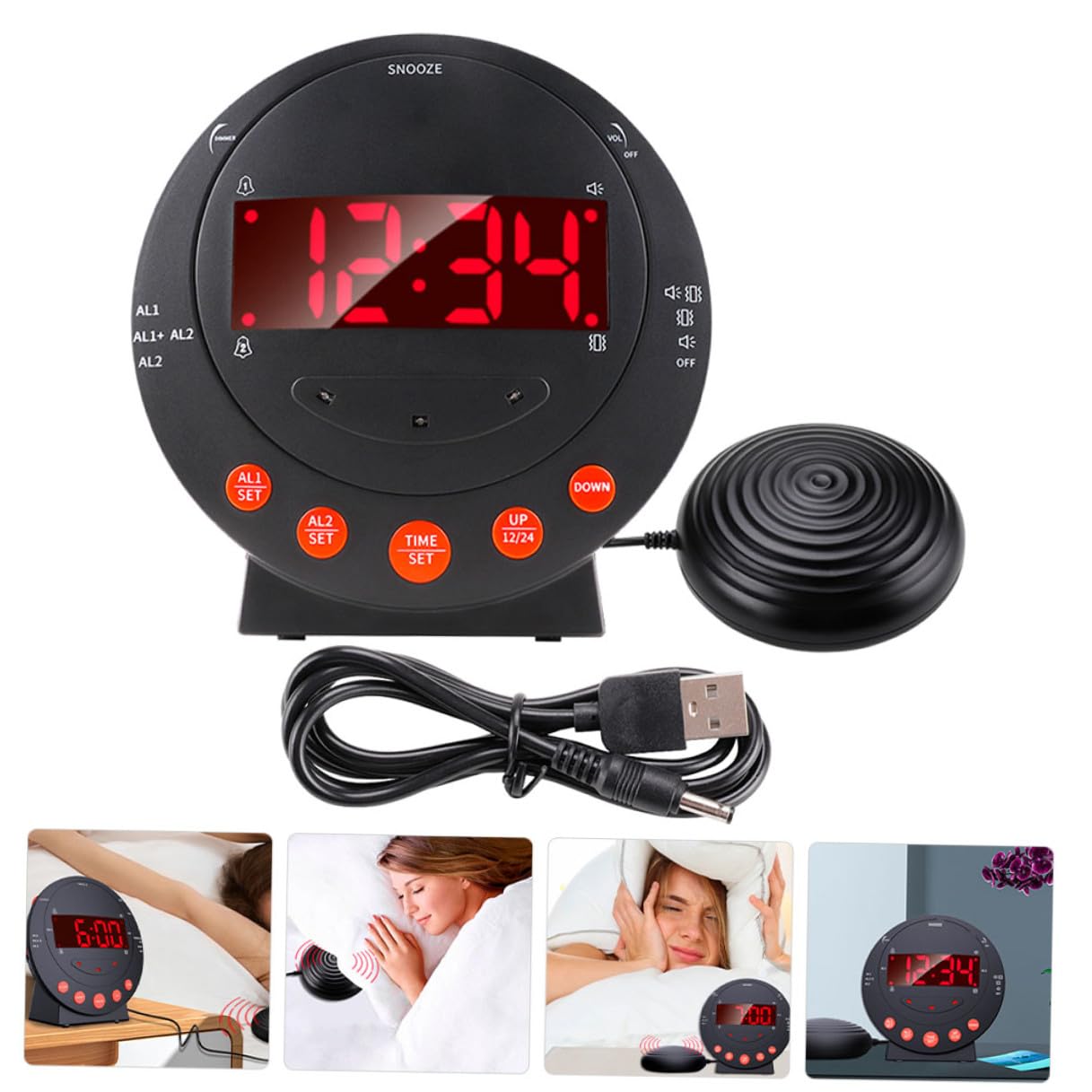 Vibrationswecker mit Starker Vibration und Lautstärke, Schwarz, USB