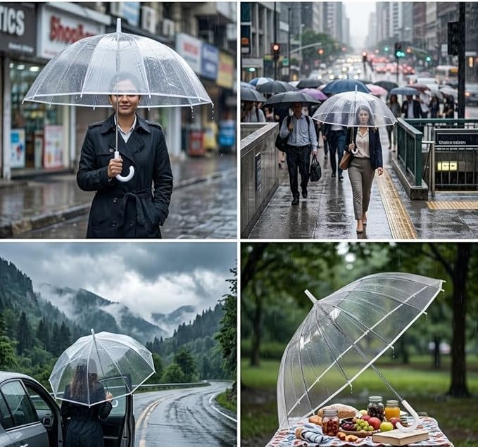 Image of Clear Transparent Windproof Umbrella Foldable Long Design, Outdoor Rain Umbrella for Camping, Hiking, Travel, Picnic, Weddings & Photoshoot Use
