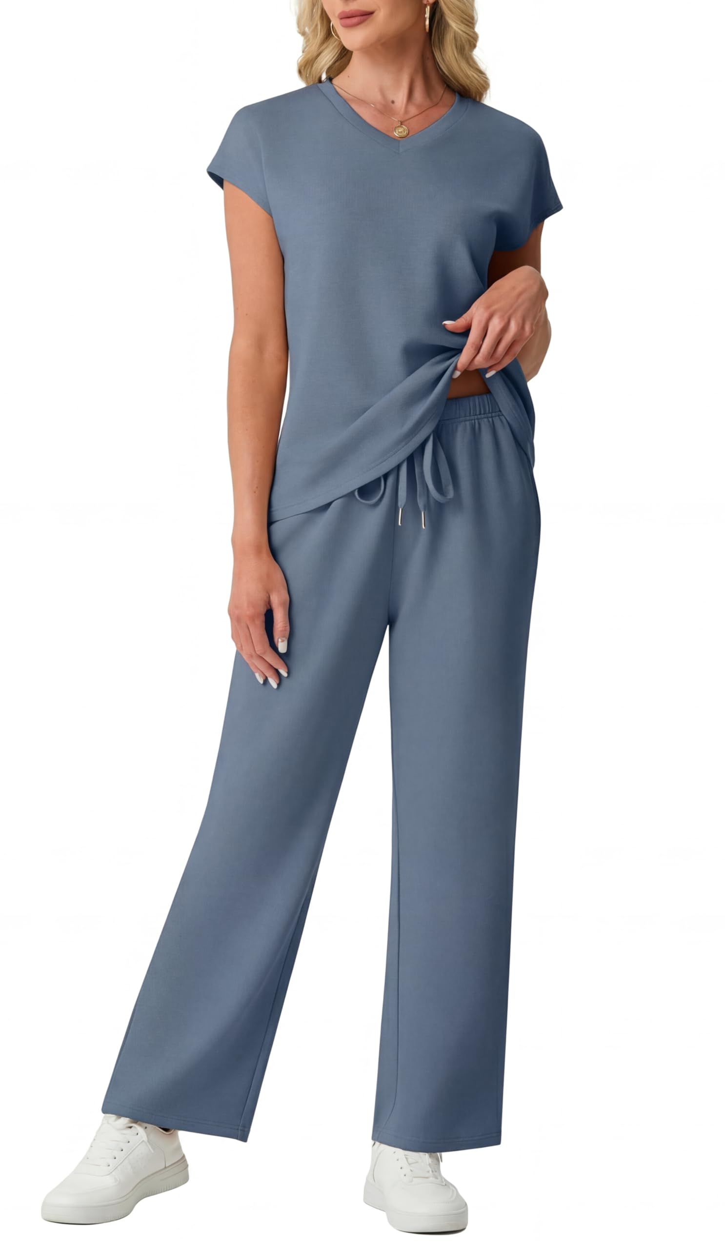 GRECERELLE Trainingsanzug Jogginganzug Damen Sommer Set mit kurzärmligem Loungewear zweiteiliges Outfit für Damen lässiges Rundhals Top und sportliche Unterteile mit Taschen