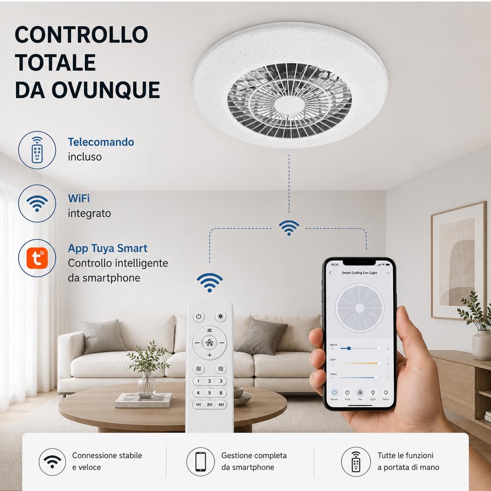 BAKAJI Ventilatore da Soffitto con Luce Led Dimmerabile, Air Fun con Illuminazione Diametro 56 cm, Potenza 67W, 7 Pale, Wifi e Compatibilità App Tuya, Ideale per Soggiorno, Camera da Letto, Ufficio