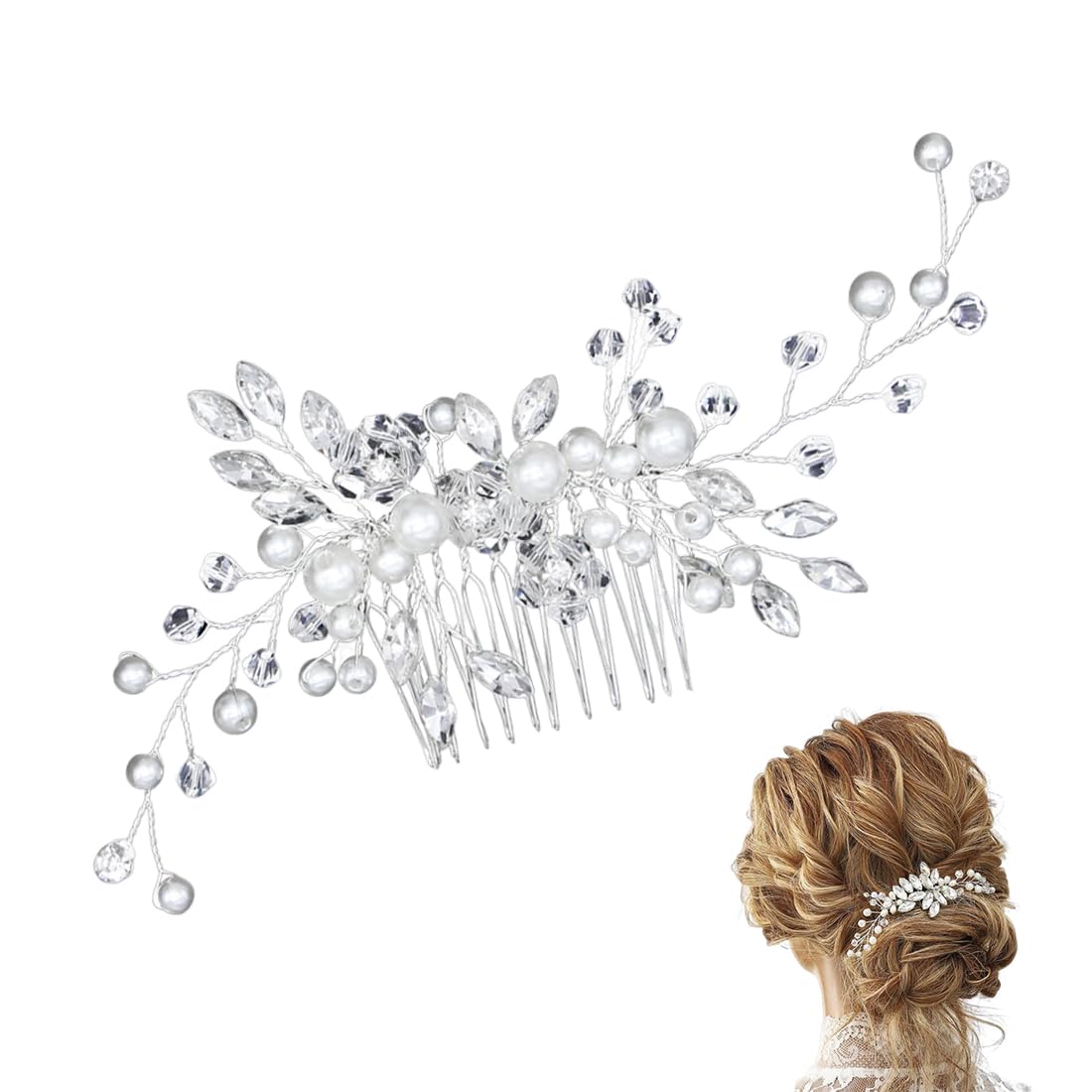 Peinetas para el Pelo de Novia con Cristal y Flor, Tocados de Pelo Boda con Perlas, Adornos Elegantes para Mujeres y Niñas, Color Plata