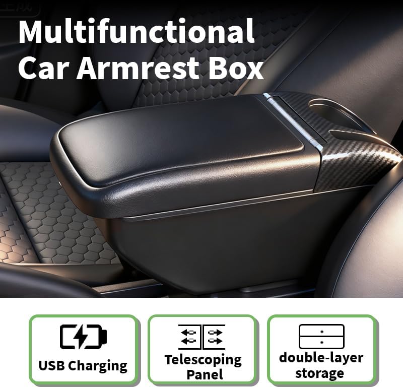 Armrest Box Double Layer Front Center Console Black PU Leather, Universal Car Armrest Box, Central Storage Organizer Box Black, USB Ports for Universal Car