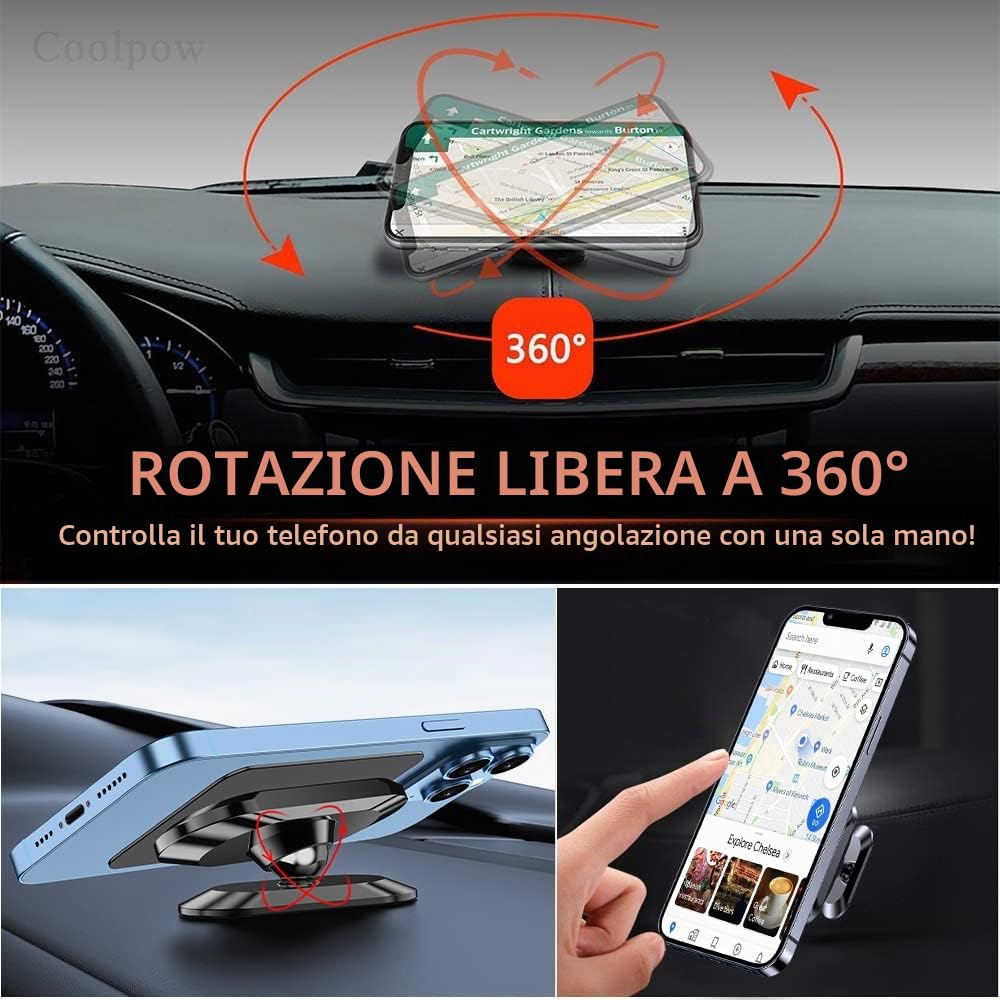 Coolpow Supporto Cellulare Auto Magnetico 2 Pezzi 360° Rotazione Universale Porta Telefono Compatibile con iPhone/Samsung/Huawei Smartphones