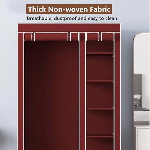 Miniatura 6 de Armario portátil, armario de almacenamiento de ropa con cubierta a prueba de polvo, 6 estantes y 1 barra para colgar, organizador de almacenamiento