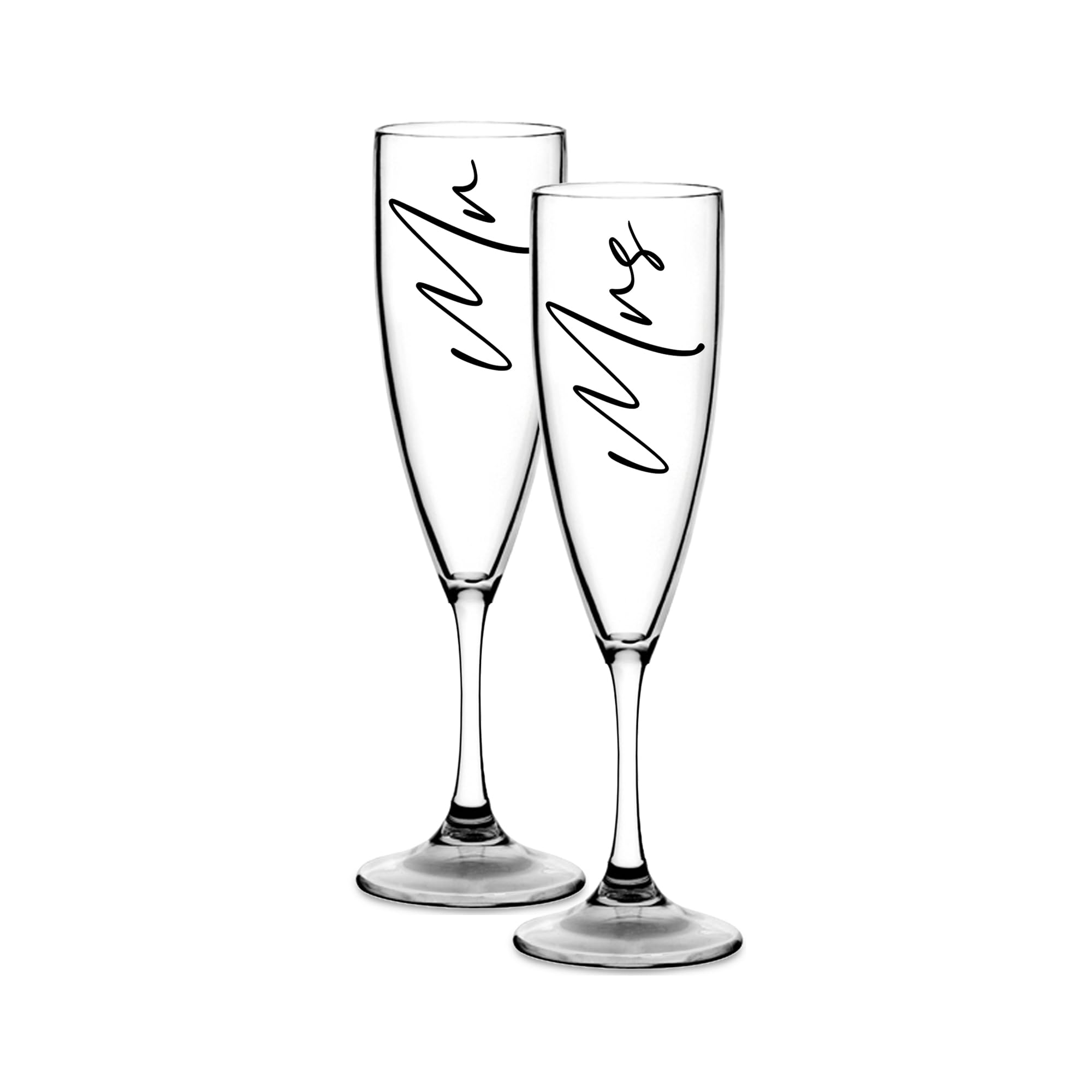 Print Maniacs Champagne Premium Clear Flute Glass Bride Groom Mr Mrs Wedding Maid Honour Wine Cocktail Prosecco Celebrations Gift (Black, Mr + Mrs Set)
