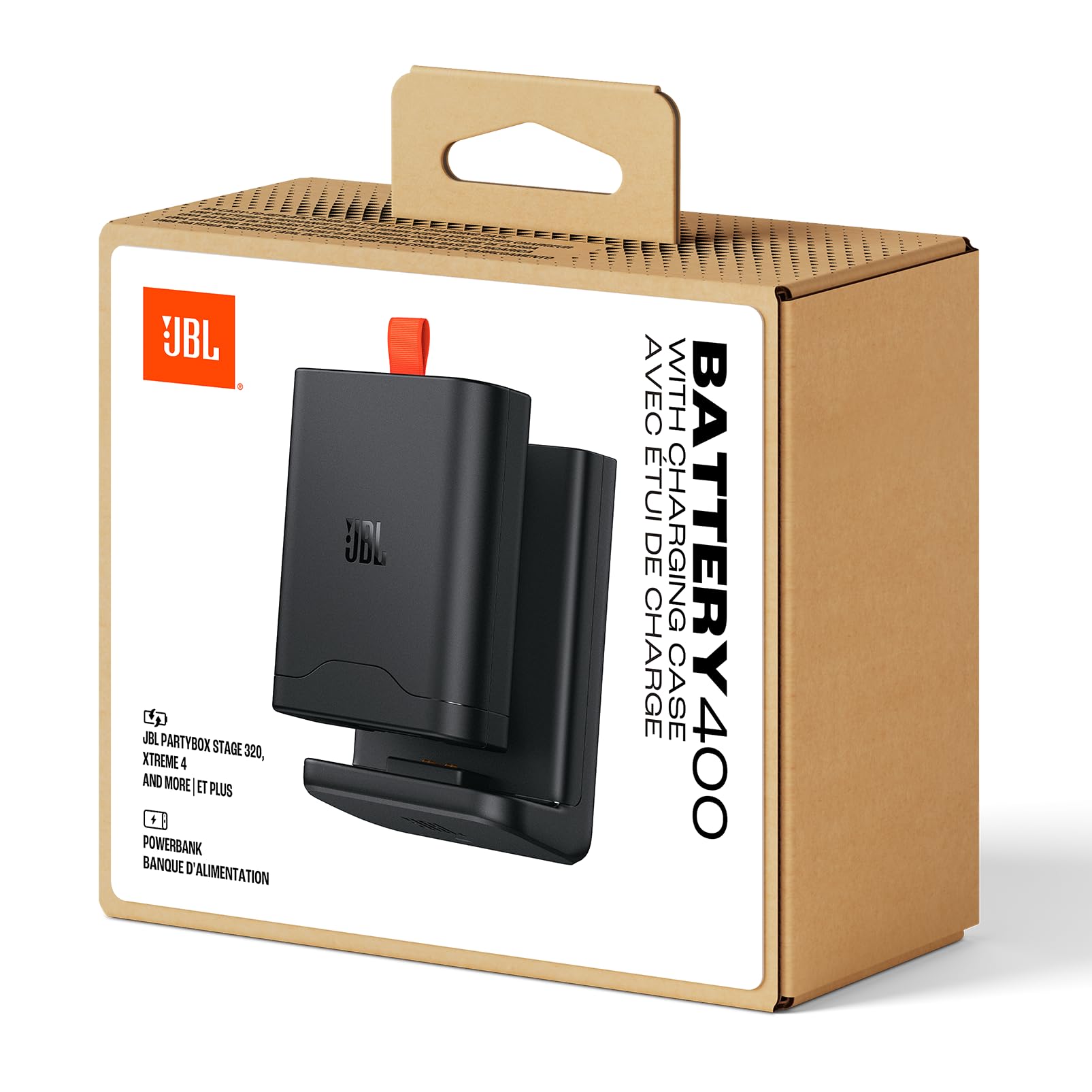 JBL Bateria 400 z etui ładującym wyłącza się w ciągu kilku sekund, dzięki czemu głośnik JBL PartyBox może utrzymać imprezę dwa razy dłużej