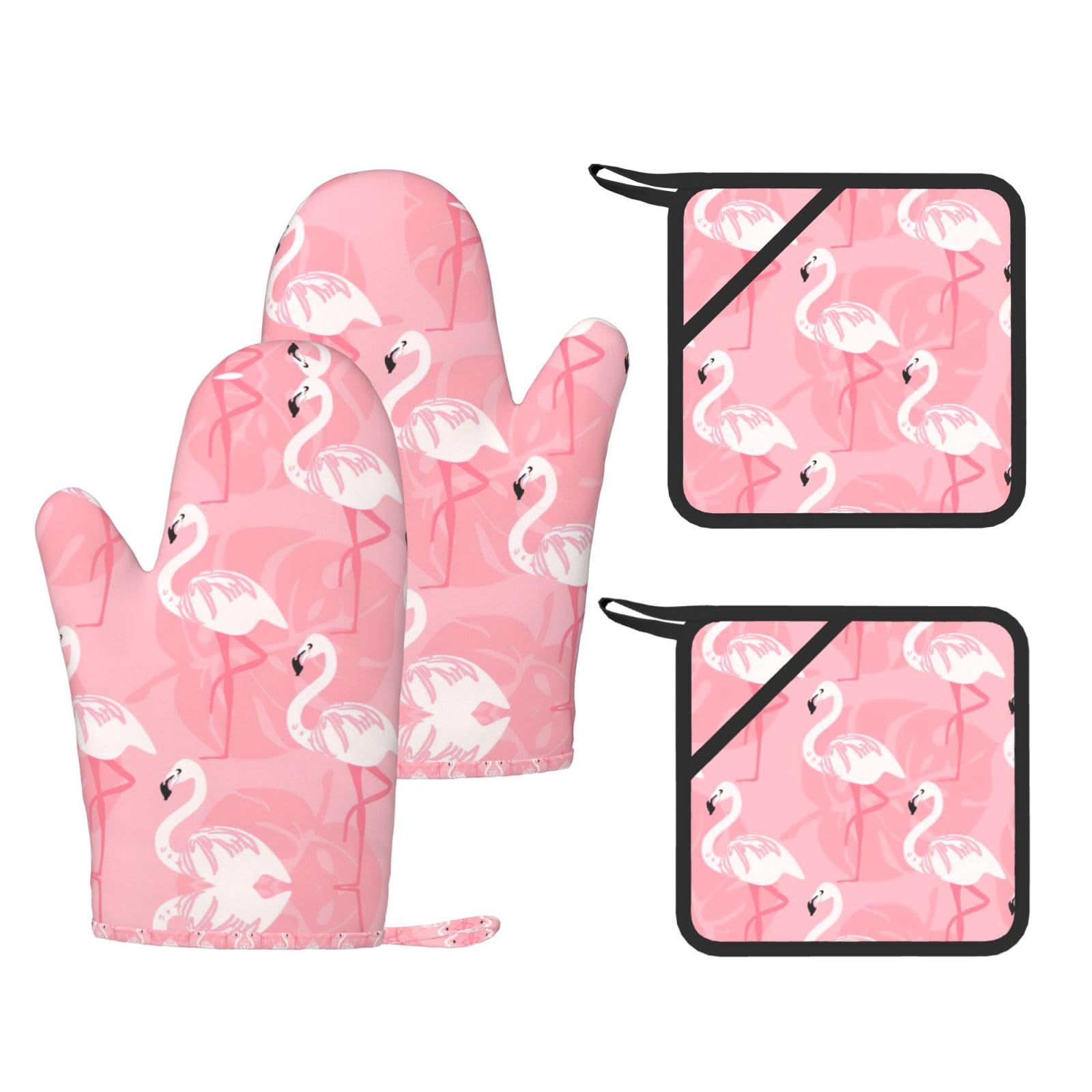 Eeprty Black Summer Flamingo Palm Leaves Printed Kitchen Oven Gloves And Potholder 4 Pcs, Non-Slip Heat Resistant Mitts For Baking Chef