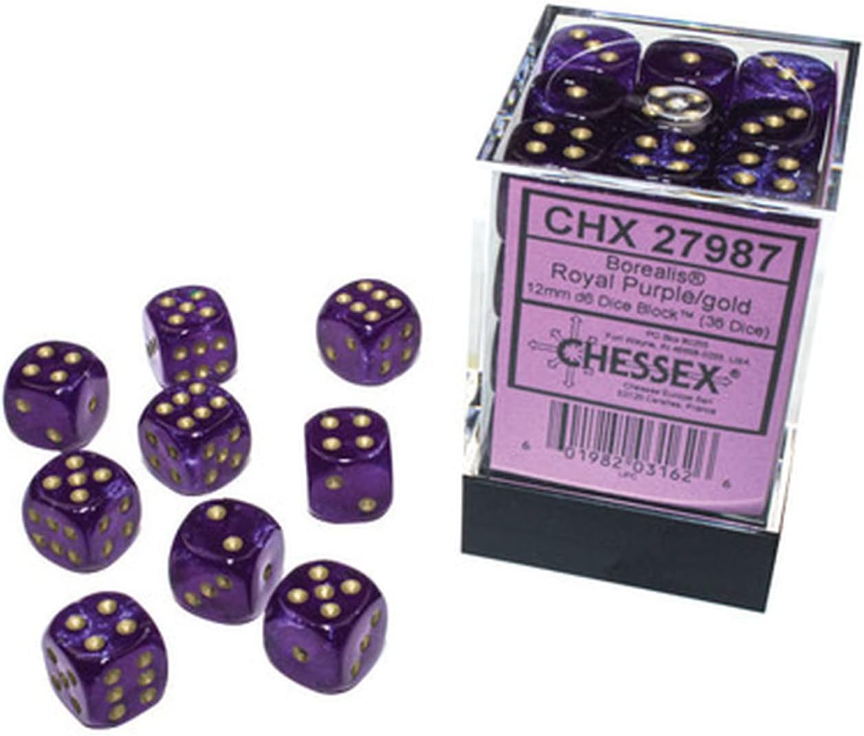 Chessex Borealis 12mm d6 Royal Purple/Gold Luminary Dice Block (36 dice) (CHX27987)