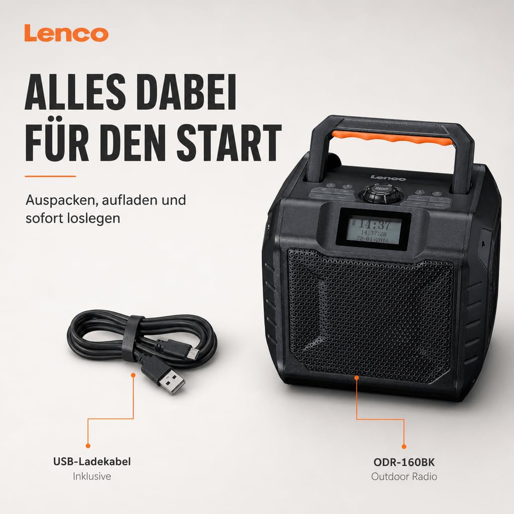 Lenco ODR-160GY - Outdoor-Radio - DAB+/FM-Radio - Bluetooth-Lautsprecher | ODR-160BK - stoßfest & wasserdicht - SD-Kartenleser - AUX-In - 35W RMS - 20 Stunden Akkulaufzeit