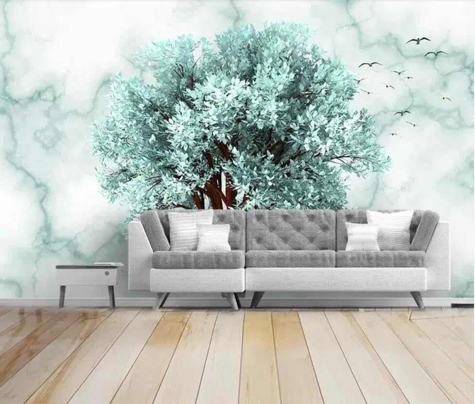 Papier peint mural 3D grand arbre pour masquer un mur abîmé de salon