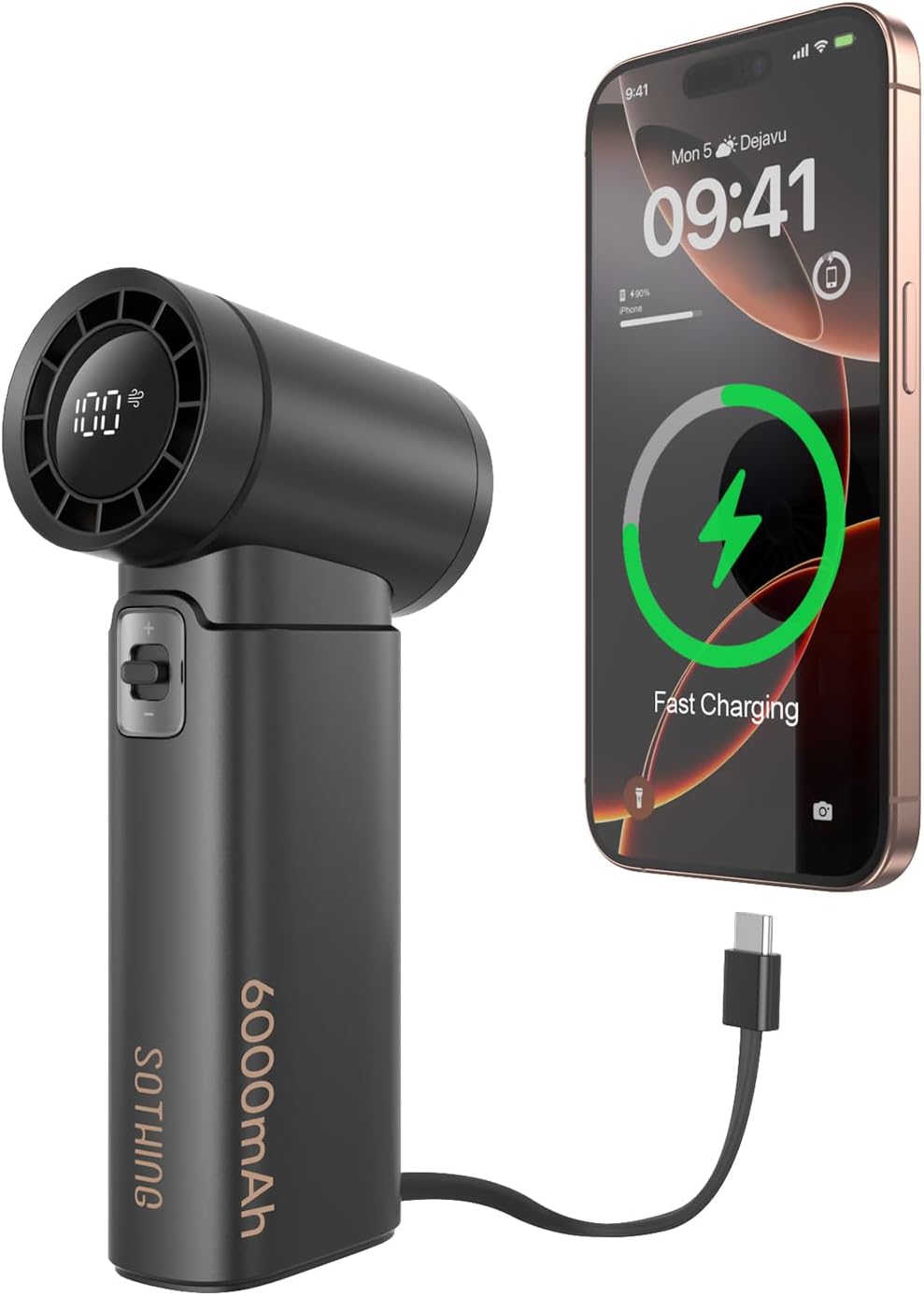 Handheld Fan – Portable Fan with Charger Power Bank, 6000mAh Rechargeable18W Fast Charging, Type-C Input, 50000RPM High Speed Turbo Airflow for Travel Concerts Cruise Makeup, Black