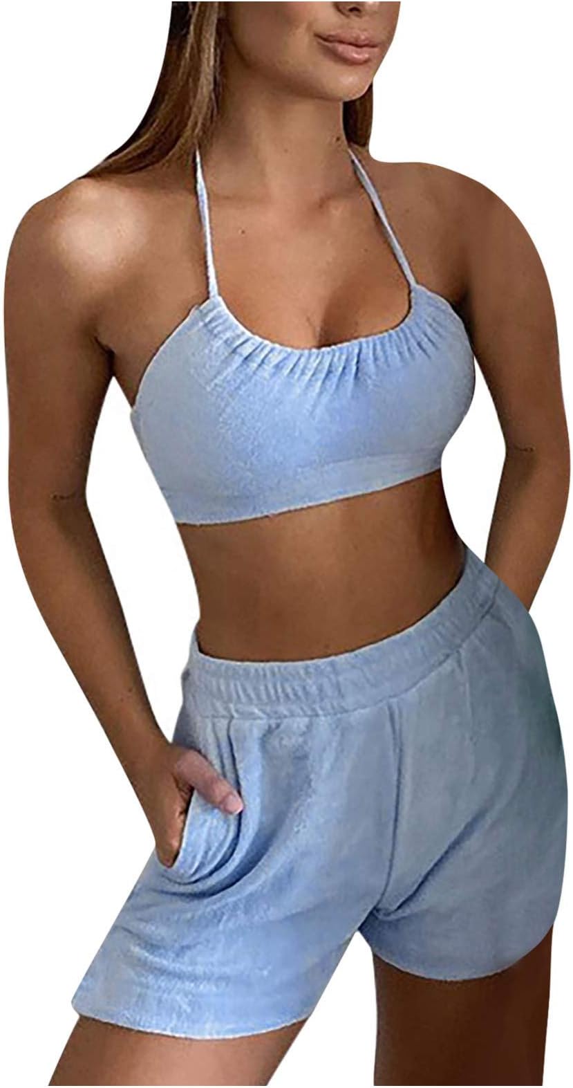 AFGF Halter Sexy Suit Women Color Yoga Solid Trousers Sleeveless Shorts Sling Women Suits & Sets (Blue, S)