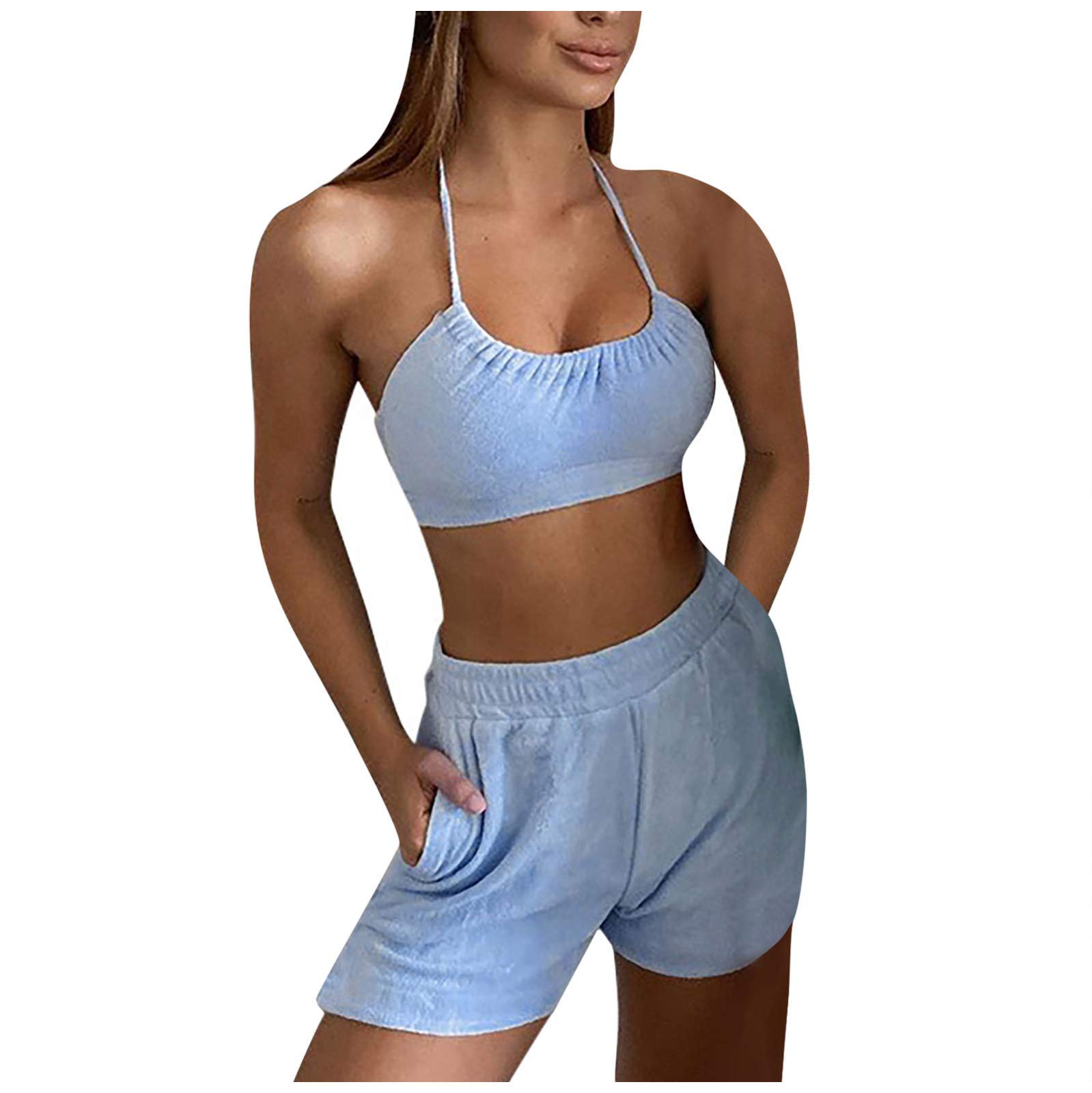 AFGF Halter Sexy Suit Women Color Yoga Solid Trousers Sleeveless Shorts Sling Women Suits & Sets (Blue, S)